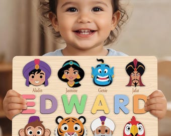 Personalized Aladdin Name Puzzle, Jasmine Genie Aladdin Abu Wooden Name Sign, Disney Aladdin Characters Kids Room Decor, Custom Name Plaque