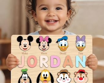 Personalized Wooden Name Puzzle with Mickey and Friends, Custom Baby Boy Girl Gift,   Toddler Toy, First Birthday Gift for Kids