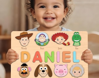 Personalized Wooden Name Puzzle with Toy Story Characters, Custom Baby Boy Gift, Woody and Buzz Inspired Toy, First Birthday Gift