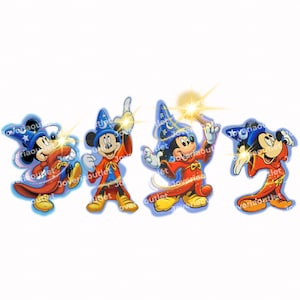 May include: Four cartoon images of Mickey Mouse dressed as a wizard, each in a different pose. Mickey wears a blue wizard hat with stars, a red robe, and yellow shoes. Each image has a sparkling effect.