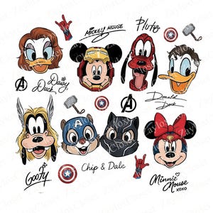 May include: A collection of cartoon character faces, including Mickey Mouse, Minnie Mouse, Donald Duck, and Goofy, with superhero-themed designs. The image also features the Marvel Avengers logo and character names.