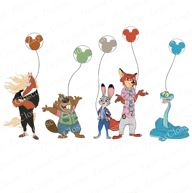 May include: Illustration of five cartoon characters from the movie Zootopia. Each character is holding a balloon with a Mickey Mouse head. The characters include a horse, beaver, rabbit, fox, and snake.
