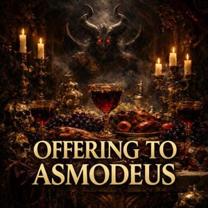 May include: An image depicting a dark, gothic scene with a demonic figure and an offering table. The table is laden with goblets of red liquid, grapes, and a roasted bird. The text "OFFERING TO ASMODEUS" is displayed in gold.