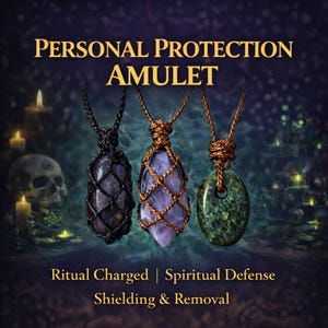 Pode incluir: Três amuletos com texto Proteção Pessoal. Os amuletos estão suspensos em cordões pretos e castanhos. Os amuletos são roxos escuros, roxos claros e verdes. O texto abaixo diz: Ritual Charged | Spiritual Defense Shielding & Removal.
