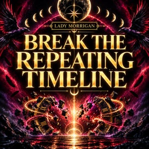 May include: A digital graphic featuring the text LADY MORRIGAN BREAK THE REPEATING TIMELINE in gold lettering. The design includes two black ravens, a glowing moon, lunar phases, and a shattered clock face with Roman numerals against a dark background.