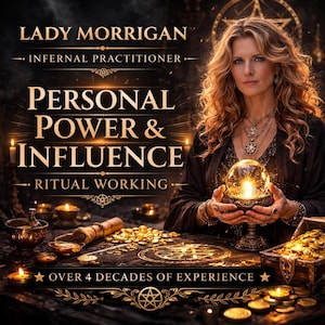 May include: A digital graphic featuring the text LADY MORRIGAN INFERNAL PRACTITIONER PERSONAL POWER & INFLUENCE RITUAL WORKING OVER 4 DECADES OF EXPERIENCE. A person with long wavy hair holds a glowing crystal ball, surrounded by gold coins and candles.
