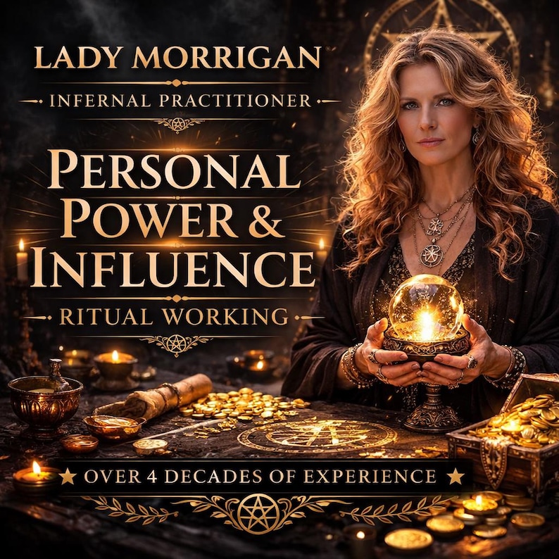May include: A digital graphic featuring the text LADY MORRIGAN INFERNAL PRACTITIONER PERSONAL POWER & INFLUENCE RITUAL WORKING OVER 4 DECADES OF EXPERIENCE. A person with long wavy hair holds a glowing crystal ball, surrounded by gold coins and candles.