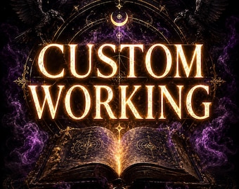 May include: An open book with intricate gold geometric patterns on its pages, centered beneath the glowing gold text CUSTOM WORKING. The scene is framed by two black ravens and swirling purple smoke against a dark, circular background.