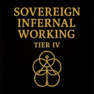 Könnte beinhalten: Schwarzer Hintergrund mit goldenem Text, der „SOVEREIGN INFERNAL WORKING“ und „TIER IV“ lautet. Darunter befindet sich ein goldenes geometrisches Design. Das Bild ist ein Grafikdesign.