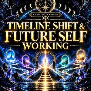 May include: A digital graphic featuring the text LADY MORRIGAN TIMELINE SHIFT & FUTURE SELF WORKING. The image displays a central staircase leading to a glowing figure, flanked by four arched portals, two black ravens, and a moon phase cycle.