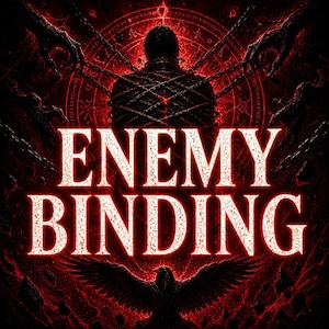 May include: A dark red and black graphic illustration featuring a central figure wrapped in chains. The text ENEMY BINDING is displayed in large white letters. A black raven with spread wings is positioned at the bottom against a glowing red background.