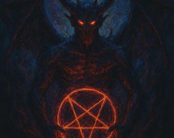 May include: Digital illustration of a demonic figure with horns, wings, and glowing red eyes. The demon holds a glowing orange pentagram. The artwork is set against a dark blue and black background, creating a dramatic and ominous atmosphere.