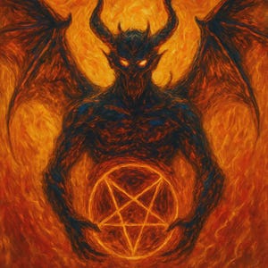 Op de afbeelding: Een digitale schildering van een demonische figuur met hoorns, vleugels en gloeiende rode ogen, die een gloeiend pentagram vasthoudt. Het kunstwerk is geplaatst tegen een vurige oranje en gele achtergrond, wat een helse sfeer creëert.
