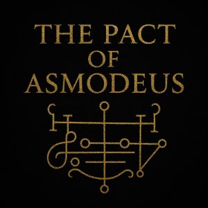 Może przedstawiać: Czarne tło ze złotym brokatowym tekstem "THE PACT OF ASMODEUS". Poniżej złoty sigil z geometrycznymi kształtami i liniami. Obraz ma mroczną, tajemniczą estetykę.