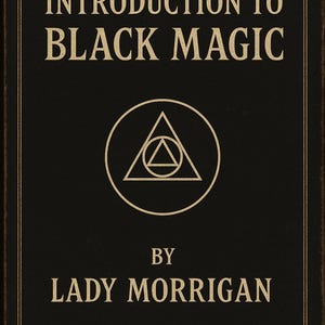 May include: A black book cover with gold lettering that reads INTRODUCTION TO BLACK MAGIC BY LADY MORRIGAN. In the center is a gold circular emblem containing a triangle with a smaller triangle inside. The cover has a thin gold border frame.