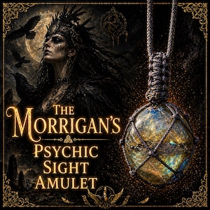 Pode incluir: Um colar com pingente com um grande globo iridescente envolto em uma rede tecida de cor escura. O colar pende sobre um fundo com o texto "The Morrigan's Psychic Sight Amulet" e uma ilustração de uma mulher com corvos e uma lua.