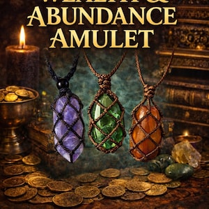 May include: An image featuring three gemstone amulets in purple, green, and orange, suspended on cords. The amulets are displayed against a backdrop of coins, candles, and books. Text on the image reads "Wealth & Abundance Amulet" and "Ritual Charged | Financial Flow | Opportunity Alignment."