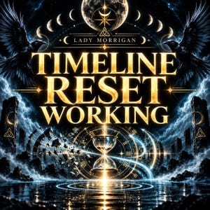 May include: A digital graphic featuring the gold text LADY MORRIGAN TIMELINE RESET WORKING. The design includes two black ravens with spread wings, a central hourglass, a clock face, moon phases, and stone pillars against a dark blue sky.