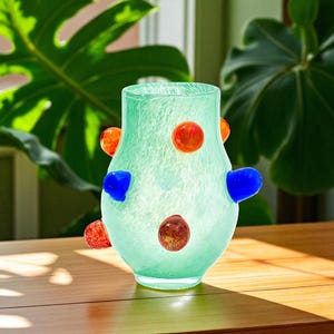 Handmade Art Glass Vase – Colorful Blown Glass Sculpture with Textured Dots – Unique Artistic Home Decor – Real Glass – Modern Art Gift