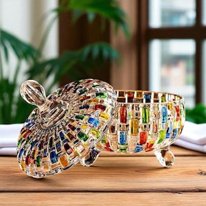 Handmade Glass Candy Jar with Colorful Mosaic | Decorative Glass Storage Box with Lid | Vintage Footed Trinket Dish