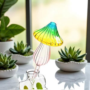 Handmade Art Glass Mushroom Waterer – Pure Glass Garden Decor – Self Watering Stake for Plants