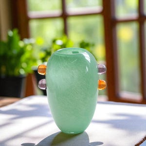Handmade Glass Vase – Artistic Green Blown Glass with Colorful Handles – Unique Home Decor Statement Piece
