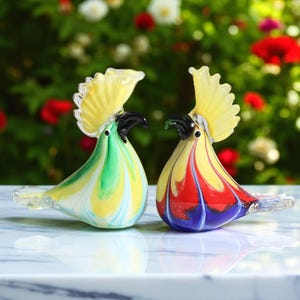 Handmade Glass Art Parrot Figurines – Colorful Real Glass Birds – Unique Blown Glass Decor – Garden or Shelf Ornament – Two Colors Available
