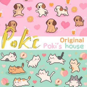 Puede incluir: Ilustración digital con perros y gatos pixelados. La mitad superior muestra perros sobre un fondo rosa con corazones y rodajas de naranja. La mitad inferior tiene gatos sobre un fondo turquesa con melocotones y corazones. También está presente el texto "Poki" y "Original Poki's house".