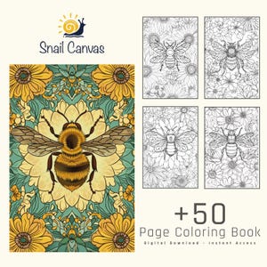 Puede incluir: Un libro para colorear digital con temática de abejas. La portada presenta una ilustración detallada de una abeja sobre un fondo floral. El libro incluye más de 50 páginas de diseños con temática de abejas y flores para colorear. El logo de Snail Canvas está en la parte superior.