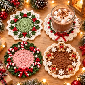 May include: Four round crochet coasters with holiday designs. One features a green center with holly berries, one has a red bow and holly, one displays candy canes and a red bow, and one shows gingerbread men with white snowflakes.