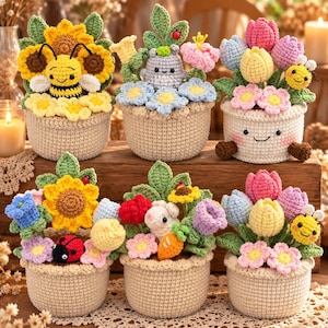 Handgjord virkad blomkruka, söt amigurumi-blombukett, solros-tulpan-bi-kanin-skrivbordsdekoration, handgjord present