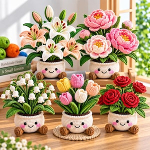 May include: Five crocheted potted plants featuring various flowers including white and peach lilies, pink peonies, white lily of the valley, multicolored tulips, and red roses. Each plant sits in a cream-colored crocheted pot with a smiling face.