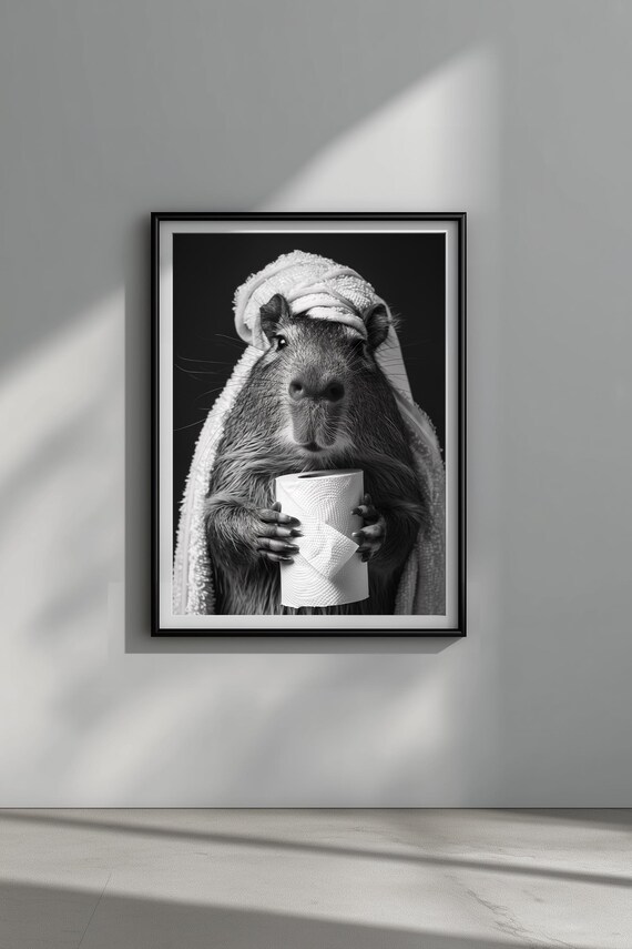 Cool & Funny CAPYBARA POSTER, Capybara Wall Art, Capybara with Toilet Paper, Animal Print, Gift and Bathroom Wall Decor, black and white art