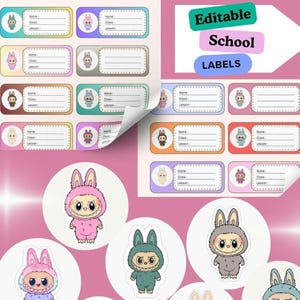 Editable Labubu School Labels | Cute Kids Name Tags | Printable Back-to-School Stickers | Instant Digital Download  | 100 editable labels.