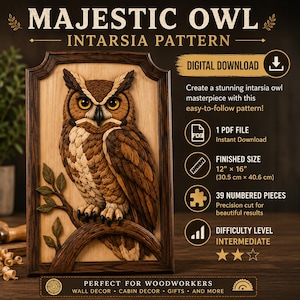 May include: A digital download intarsia pattern for a Majestic Owl. The finished size is 12 inches by 16 inches. The project consists of 39 numbered pieces with an intermediate difficulty level. The pattern is provided as a single PDF file.