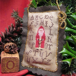 Sampler Santa-Cross Stitch Pattern + Tinsel Stems & Brass Charm