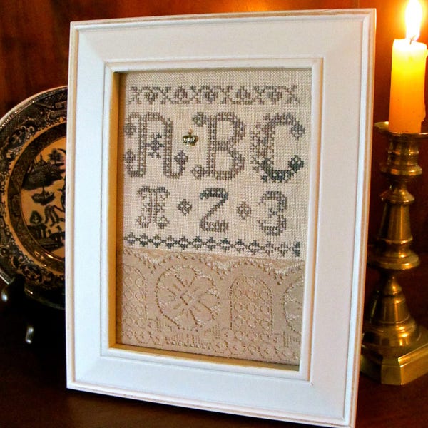 Elegant Lace Sampler ~ Cross Stitch Design + "Vintage" lace + Brass Crown Charm