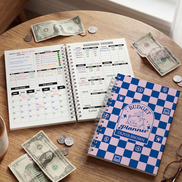 Undated Monthly Personalized Budget Planner: Checkered Piggy Bank Illustrated Financial Tracker