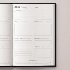 May include: Open notebook with a black cover, featuring a goal planning layout. The pages are white with sections for summarisation, motivation, outcome, action steps, timeline, and notes. A progress tracker is at the bottom.