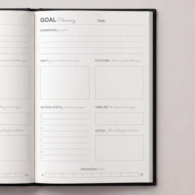 May include: Open notebook with a black cover, featuring a goal planning layout. The pages are white with sections for summarisation, motivation, outcome, action steps, timeline, and notes. A progress tracker is at the bottom.