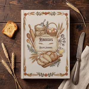 May include: A cream-colored recipe journal with the text "Rebecca's Recipe Journal" and illustrations of baking tools and ingredients. The cover features a border of flowers and wheat stalks. A slice of toast and a knife are on the wooden surface.