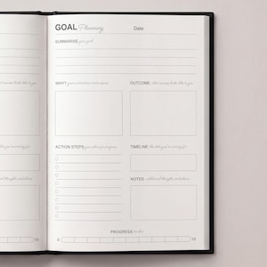 May include: Open notebook with a black cover, featuring a goal planning layout. The pages are white with sections for summarization, motivation, outcome, action steps, timeline, and notes. A progress tracker is at the bottom.