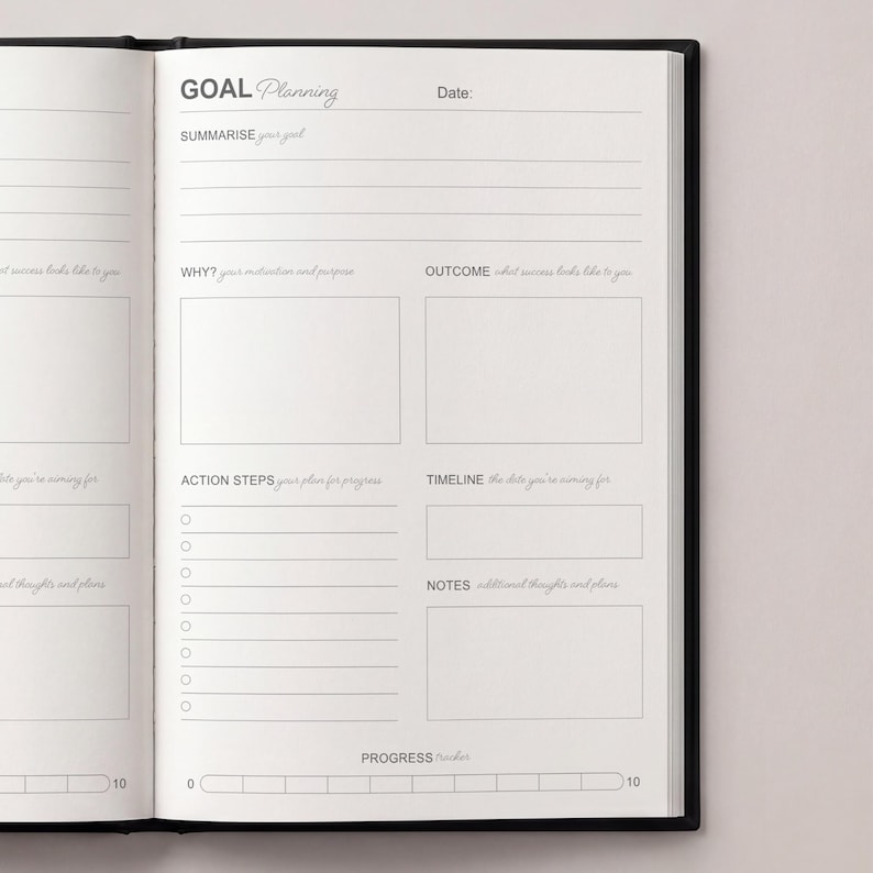 May include: Open notebook with a black cover, featuring a goal planning layout. The pages are white with sections for summarization, motivation, outcome, action steps, timeline, and notes. A progress tracker is at the bottom.