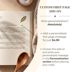 以下が含まれることがあります： カスタムファーストページアドオン付きのレシピジャーナル。テキスト：CUSTOM FIRST PAGE ADD-ON, More personalization? Absolutely!, Add a personalized first page message for just $4.99!, Choose this add-on and enter your personalized message in the Personalization section before placing your order.