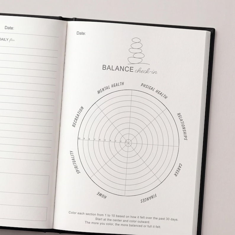 May include: Open journal with a black cover, displaying a "Balance Check-in" chart. The chart is a circular diagram divided into sections for mental health, physical health, relationships, career, finances, home, and spirituality.