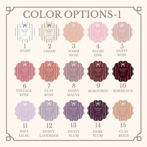 以下が含まれることがあります： COLOR OPTIONS-1と題されたカラーチャートには、1から15まで番号が振られた15個のスカラップ状の円形ラベルが表示されています。各ラベルの中央の楕円には「Our Family Recipes」というテキスト、小さなリボンのアイコン、そして様々な色合いの縦縞模様が描かれています。