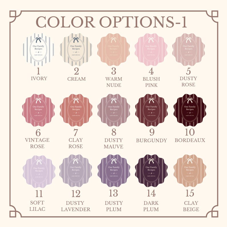 以下が含まれることがあります： COLOR OPTIONS-1と題されたカラーチャートには、1から15まで番号が振られた15個のスカラップ状の円形ラベルが表示されています。各ラベルの中央の楕円には「Our Family Recipes」というテキスト、小さなリボンのアイコン、そして様々な色合いの縦縞模様が描かれています。