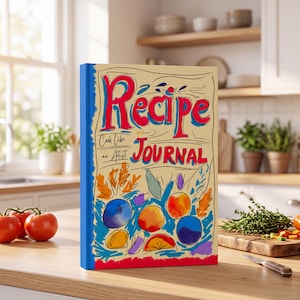 Könnte beinhalten: Ein Rezeptjournal mit festem Einband und cremefarbenem Cover, das den Text "Recipe Journal" und "Cook Like an Artist" in roter und blauer stilisierter Schrift zeigt. Das Cover enthält farbenfrohe Illustrationen verschiedener Früchte und Blätter.