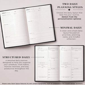 May include: Open black planner with two daily planning styles: Minimal and Structured. The Minimal style focuses on priorities and reflection. The Structured style helps organize schedules and track habits. The planner is designed to help you stay productive.