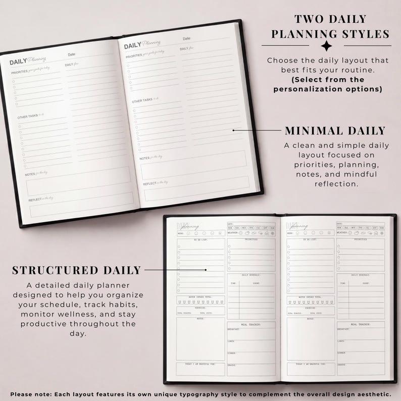 May include: Open black planner with two daily planning styles: Minimal and Structured. The Minimal style focuses on priorities and reflection. The Structured style helps organize schedules and track habits. The planner is designed to help you stay productive.